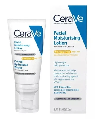 NEW CERAVE FACIAL MOISTURISING LOTION AM SPF50 52ML for Normal To Dry Skin UK