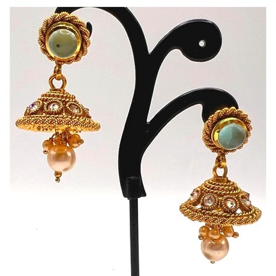 Vintage Unique Gold Tone Dome Drop Earrings Faux Pearl Rhinestone Pierced