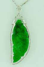 18k Solid White gold Natural Grade A Jade lucky Koi Fish Diamond pendant 