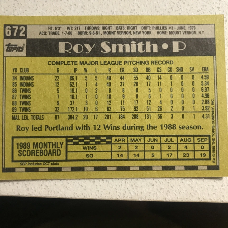 ⚾️ROY SMITH 1990 Topps # 672 autographed signed card MINNESOTA TWINS 90 AUTO - Image 2 of 2