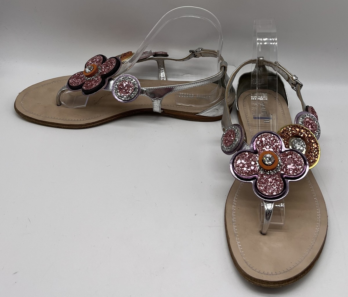 Miu Miu シルバーグリッターサンダル MIUMIU ミュウミュウ シルバーグリッタービジューサンダル 21.5