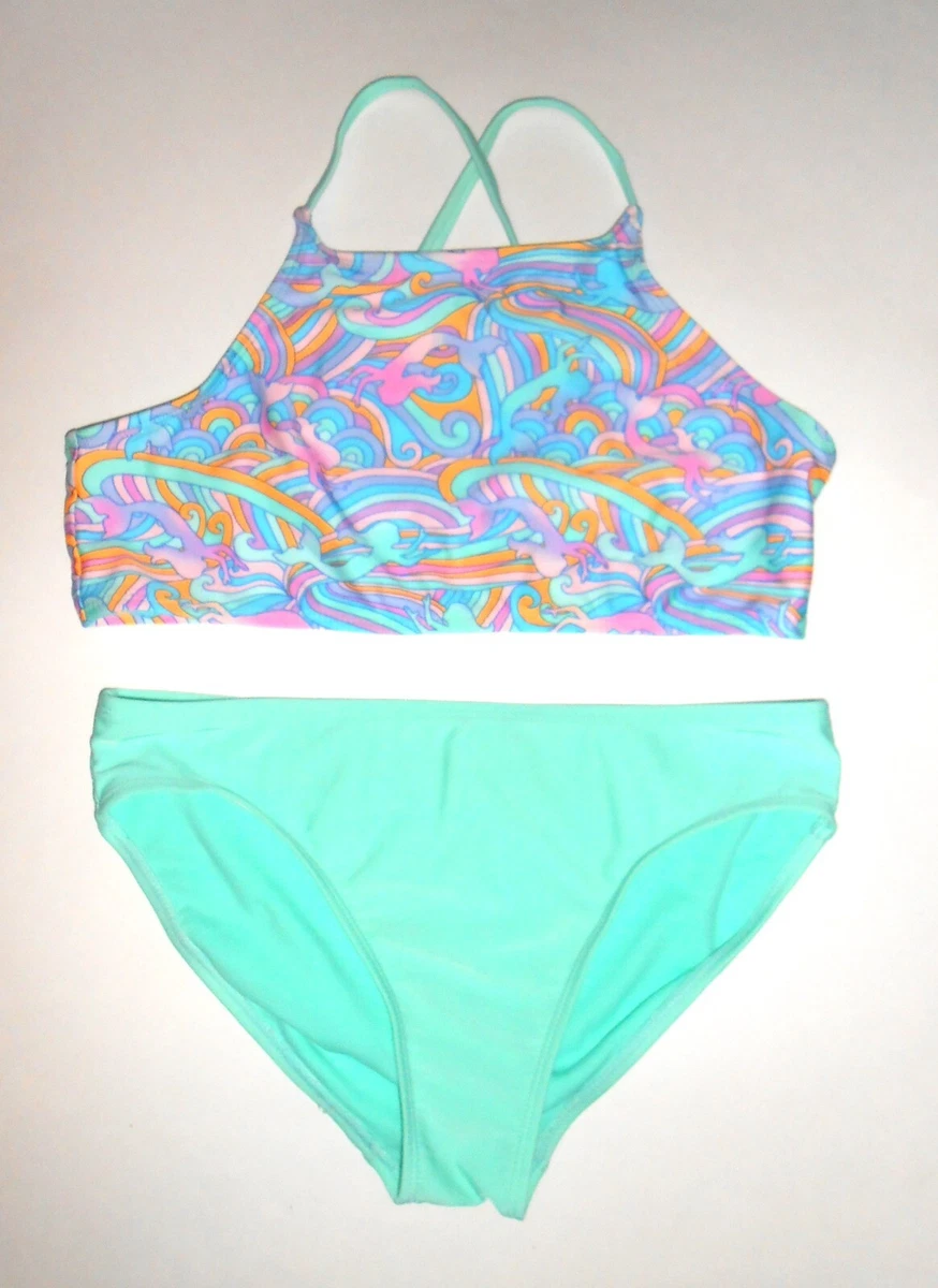 WONDER NATION Girls XXL (18) 2-Pc Swim Top Rainbow Mermaids Mint Green Bikini