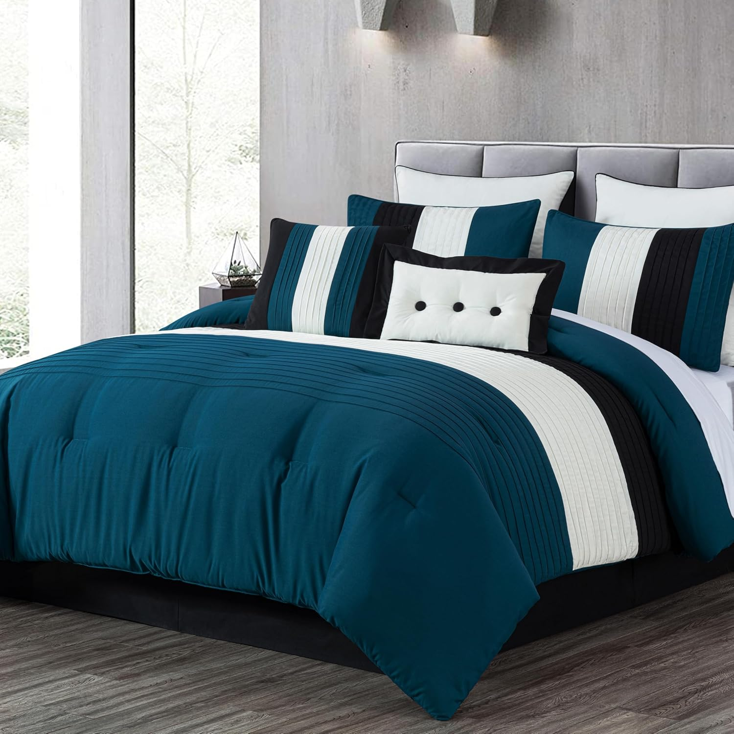 Loft 8-Piece King Comforter Set, Teal/Black/White Luxury Striped Bedding  for All, image size:1500x1500