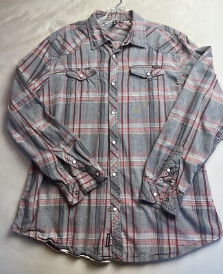 Ocean Current Western Pearl Snap Shirt Men's L Red Gray Plaid