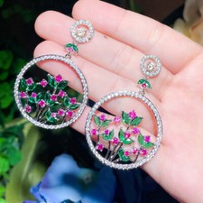Fancy Flower Round Dangle Drop Long Party Earrings for Women CZ Crystal Jewelry