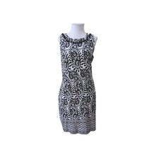 TALBOTS Petites Black & White Paisley Print Sleeveless Dress w/ Pom Pom Trim PM