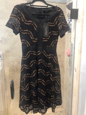 New Noctflos Women's Sleeveless Black Nude Floral Lace Midi Dress S Fit Flare