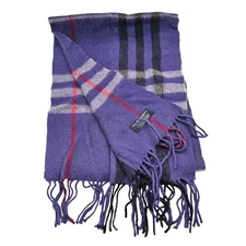 Burberry Cashmere Purple Nova Check Scarf Plaid w/ Fringe