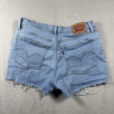 Vintage Womens Levis High Rise Shorts Blue Button Fly Size 31 Distressed 3338
