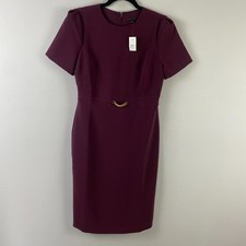 Ann Taylor Chain Belted Sheath Dress Size 4 Puff Sleeve Burgundy Stretch