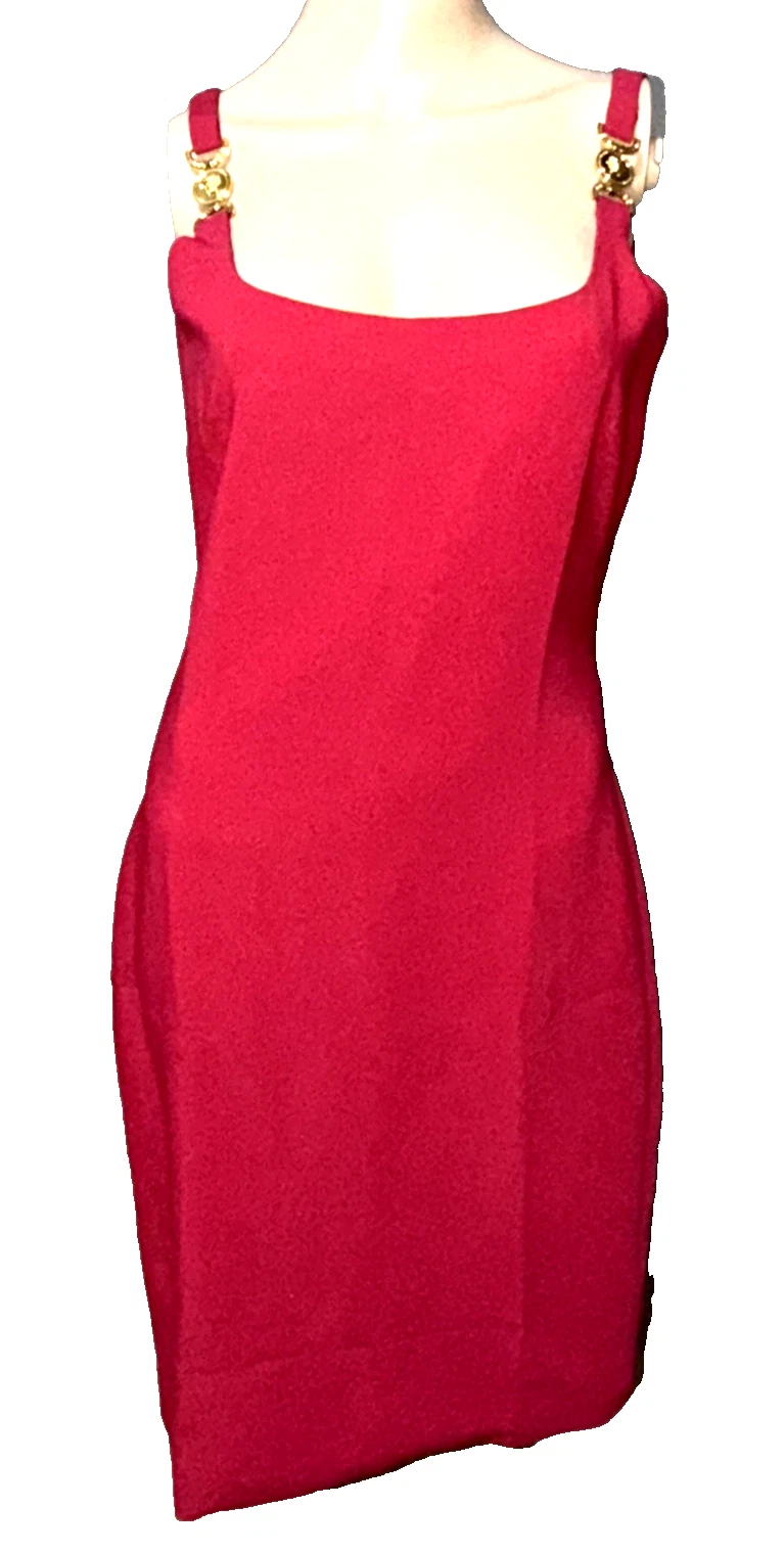 Versace — Versace 2024 Gold Medusa Logo Cady Red Sheath Midi Cocktail Dress US 2 4 / IT 40