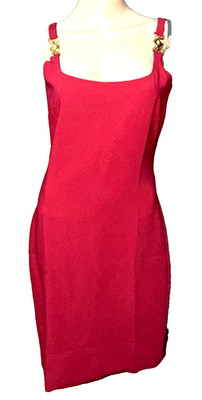 Versace 2024 Gold Medusa Logo Cady Red Sheath Midi Cocktail Dress US 2 4 / IT 40