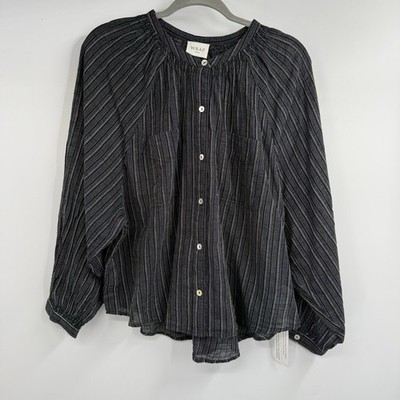 NWT Wrap London Stripe Blouse Womens 10 Black Button Front Peasant Top