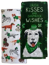 St Patricks Day St Paddys Irish Dogs Kitchen Towels, Set of 2 Cotton Dish Towels