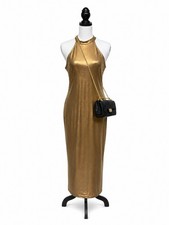 SHEIN Metallic Gold Halter Maxi Dress Bodycon Stretch Sleeveless Party Evening L
