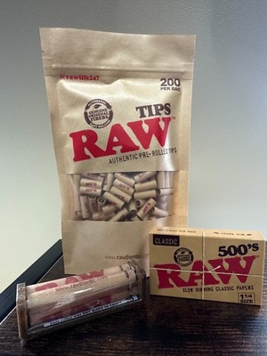 RAW Classic 500s Paper~Pre Rolled Tips 200pk~79M ROLLER 3 Piece Set