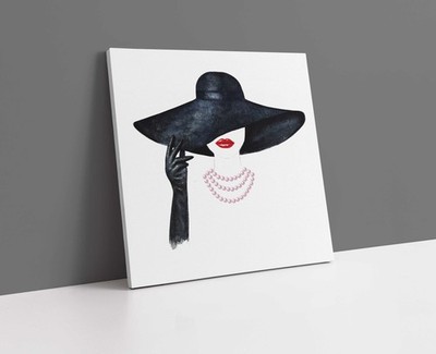 Stylisches Frauenbild im schwarzen Hut rote Lippen Leinwand Bild Druck