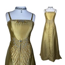 Vintage Gold Taffeta Evening Gown, Butterfly Beaded Embellishment