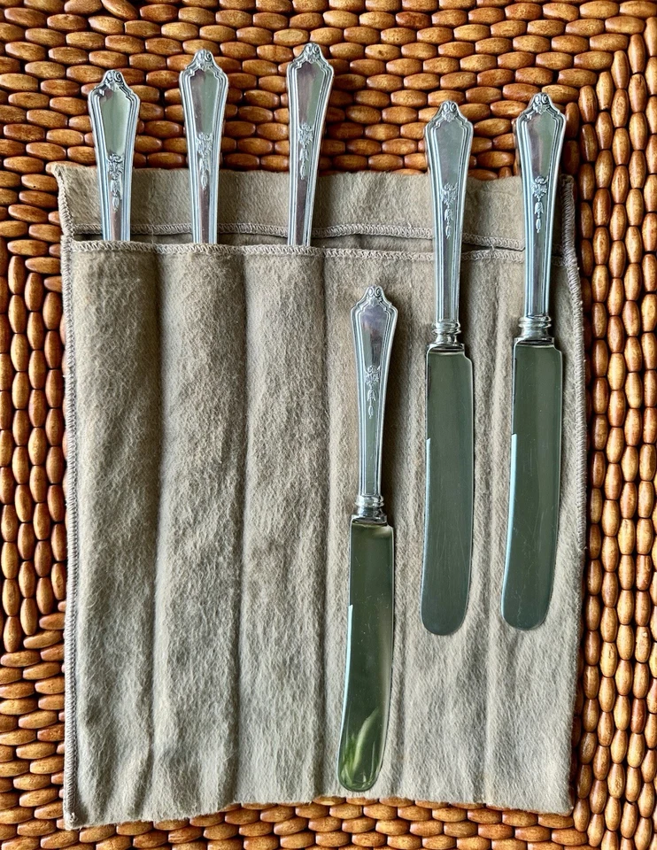 Set/6 GORHAM EP ANTIQUE c1914 SHELBURNE OLD FRENCH HOLLOW KNIVES w Storage Bag - Image 2 of 4