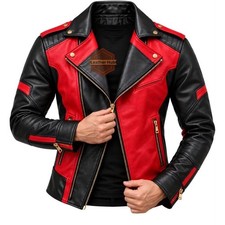 Chaqueta de Cuero para Hombre, Negra y Roja Estilo Motociclista Dos Tonos con Cremallera Asimétrica