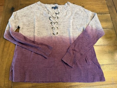 Euc American Eagle Ombré Pink Purple Knit Lace Up Neck Sweater Size Medium