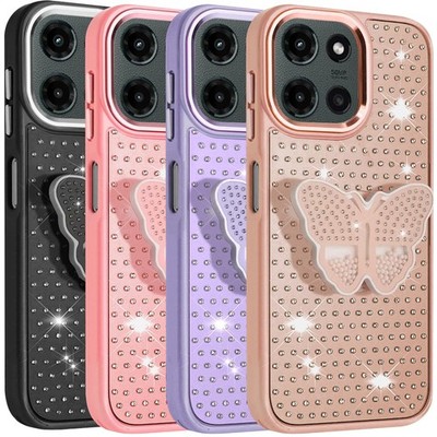 For Motorola Edge 2025 Case Butterfly Moveable Stand Bling Meta Buttons Cover