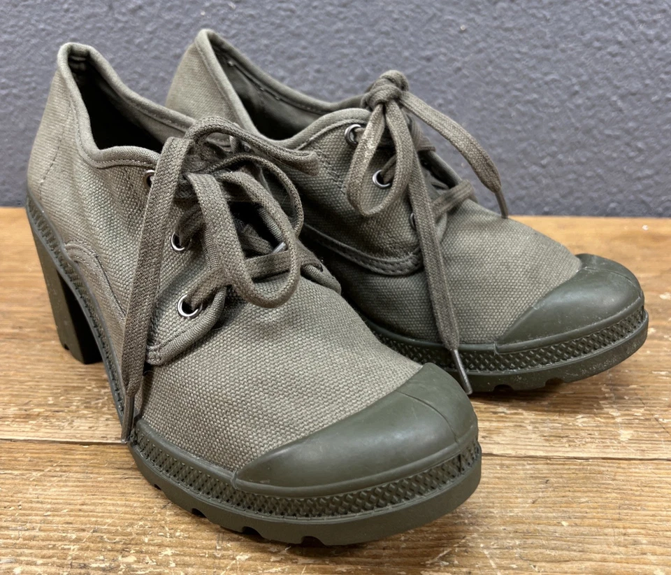 Palladium Pampa Oxford EE. UU. Raro Talla 9 Tacón Alto Lona Verde Foto 3 de 4