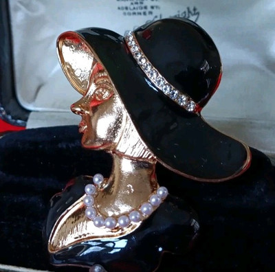 Vintage Style Art Deco Lady Enamel & Crystal Brooch Pin Gold Tone