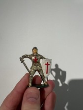 Antique Metal Knight Soldier Tin Figure Rare 1900s Rare White Shield With Sword