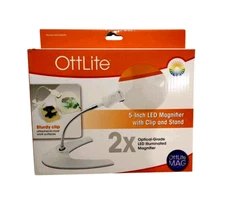 NIB OTTLITE White 5 in FLEXIBLE Arm LED 2x Magnifier w Clip + Stand MG016INT5 FS