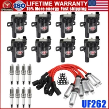Set of 8 Round Ignition Coil Pack UF262 with Spark Plug and Wire For Chevy GMC