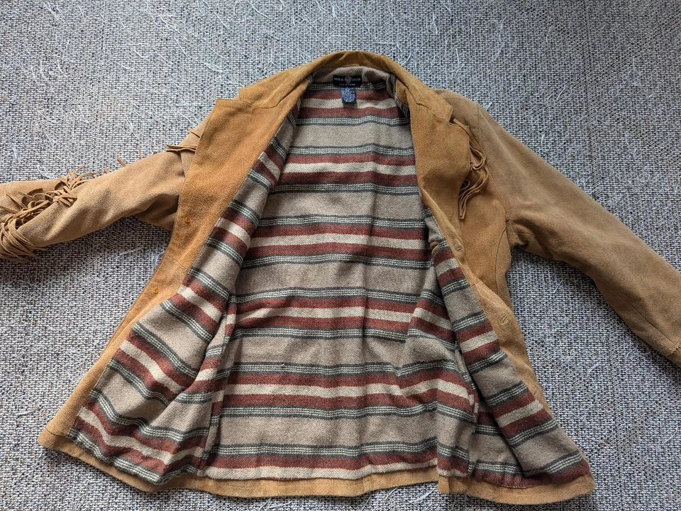 Chaqueta occidental vintage de gamuza cuero de vaca LOONEY TUNES XL flecos TAZ marrón Foto 4 de 4