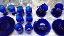 blue glass dishes set multiple style cups, bowls and plates 