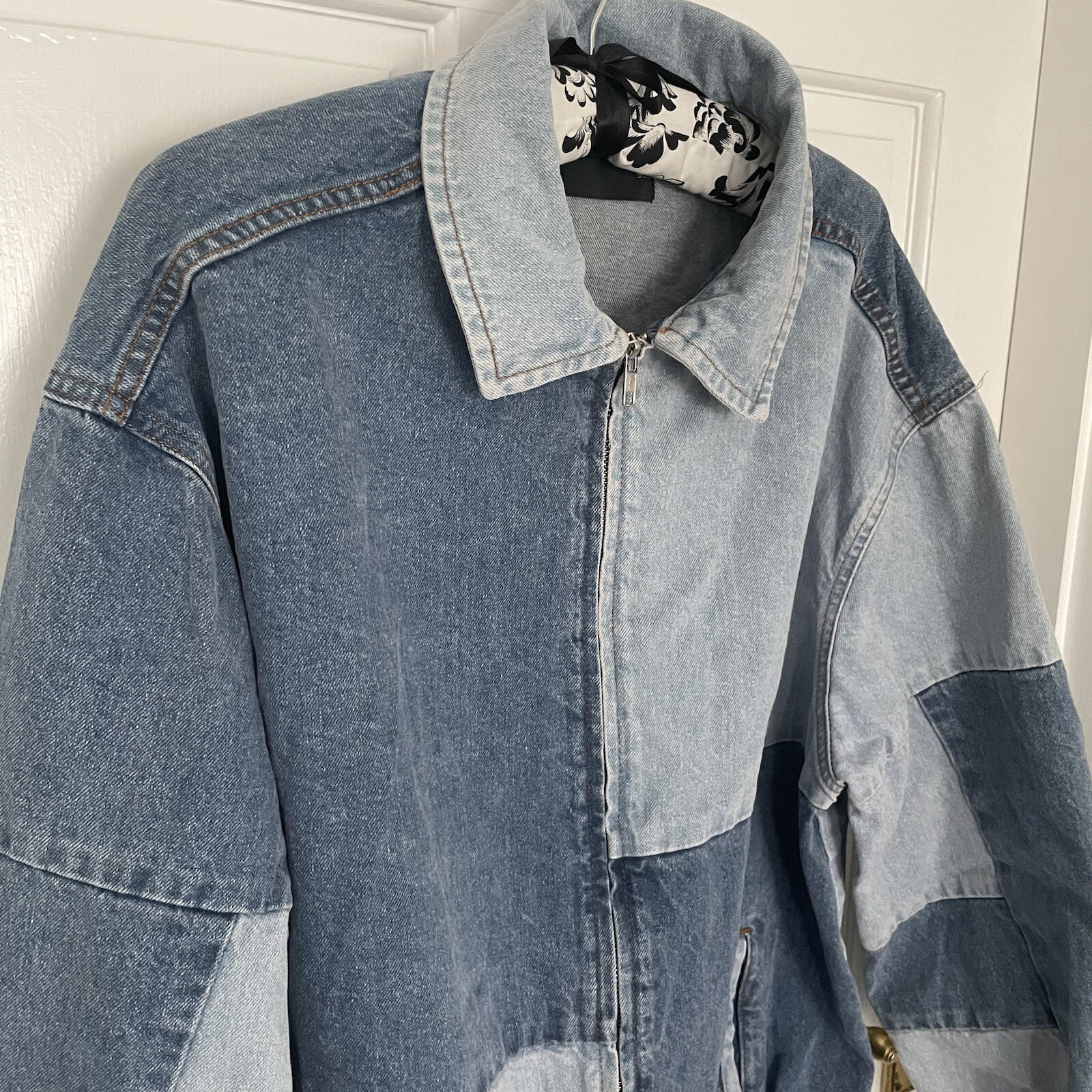 OVERSIZE DENIM PATCHWORK BOMBER JACKET. Size 8. A… - image 2
