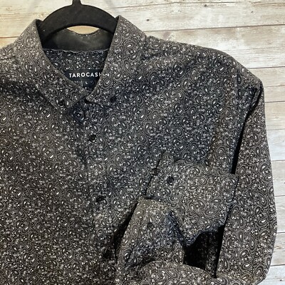 Tarocash Mens L Shirt Black Dress & Casual Button Up & Down White Paisley AOP