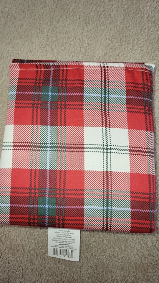 Nuevo juego de sábanas de vacaciones Twin/Twin XL 400 hilos rendimiento verde/rojo a cuadros Foto 4 de 4