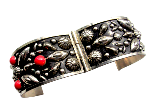 Silver Alpaca Floral Bracelet /Coral Red Glass Cabochon Panel Bangle Pin Hinged - Picture 3 of 12