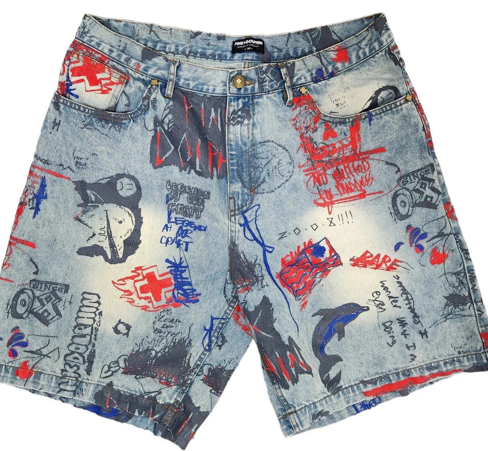 Pantalones Cortos de Jean Rosa + Delfín Para Hombre Talla 36 The Liberty Logo Gráfico Rasguño