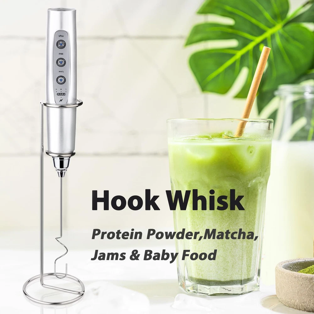 Milk Frother with Stand Rechargeable-Handheld Frother Wand with 3 Stainless W...