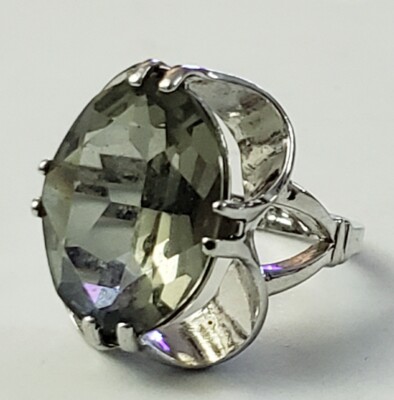 Vintage Vargas 18K HGE White Gold Plate Gray Faceted Glass 1/2 Ring,  Signed