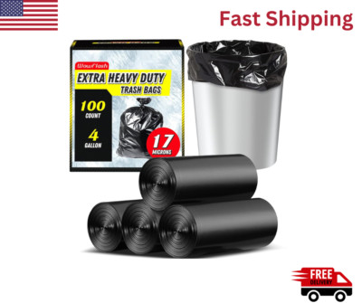 100 Count 17 Micron Extra Heavy Duty 4 Gallon Trash Bags, Sturdy & Tear-Resistan