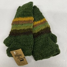 Wool Fleece Lined Fingerless Gloves Hand Knit GREEN Made In Nepal Texting NEW