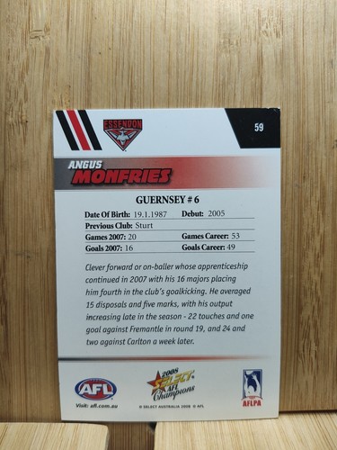 ANGUS MONFRIES ๐2008 Select Champions #59 ESSENSON AFL Trading Card๐ - Picture 2 of 2