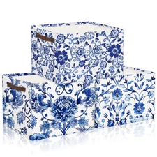 Geelin 3 Pcs Blue White Porcelain Collapsible Storage Baskets Organizer Bin B...