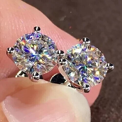 2Ct Round Cut Real Moissanite Women's Stud Earrings 14K White Gold Plated Silver
