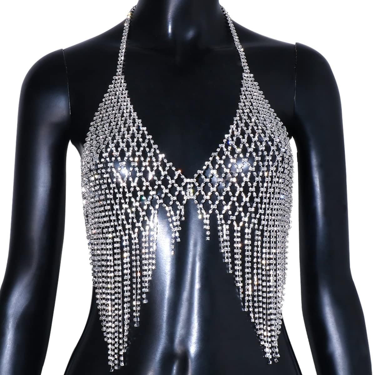 Rhinestone Mesh Body Chain for Women Silver Festival Jewelry Tassel ...