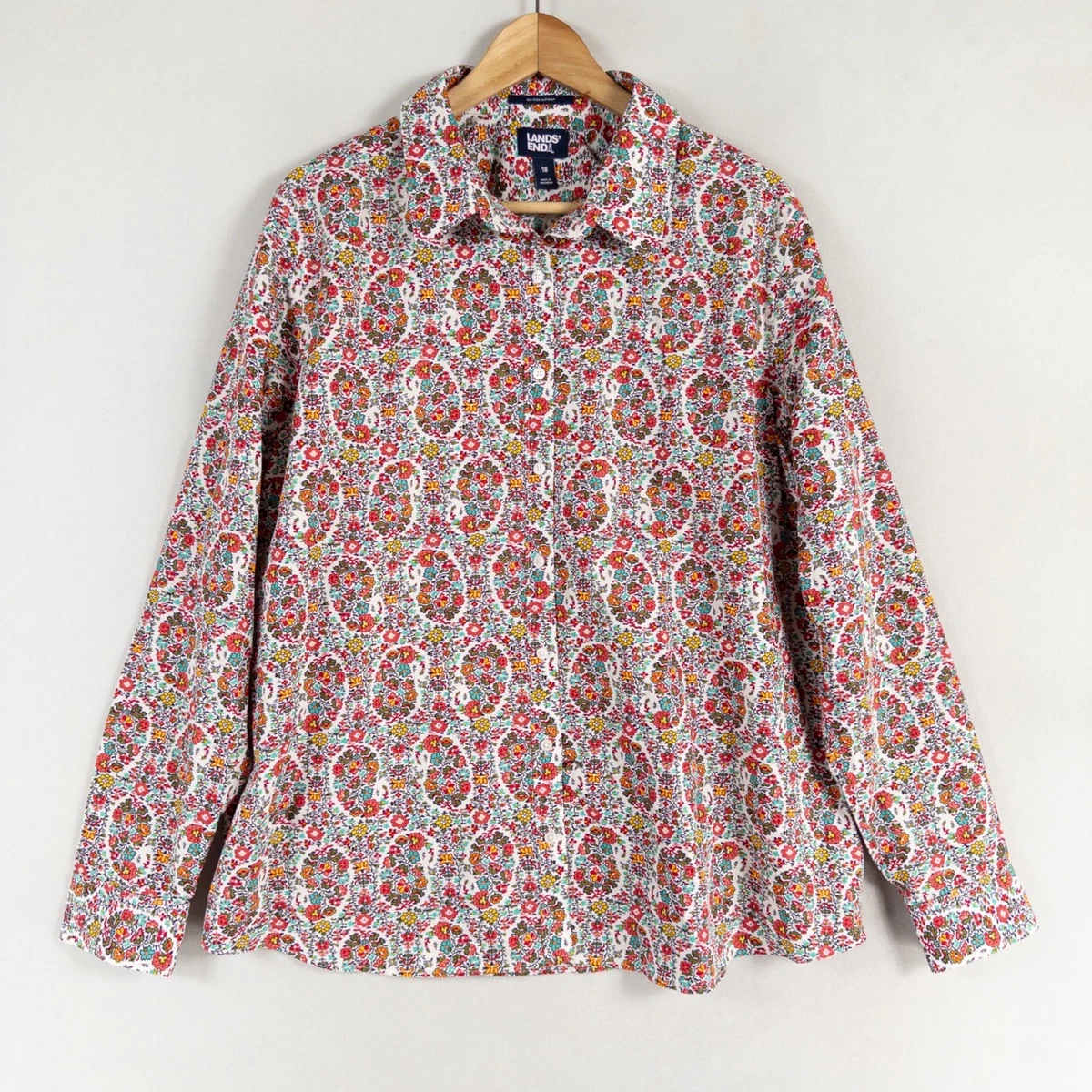 Chemise Femme Lands' End - Taille 18 - Blanc Floral - Coton Supima Non Repassable - Occasion Parfaite