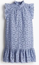 H & M Eyelet Blue Broderie Anglaise Flutter Sleeve Dress Lined Buttonup Size (M)