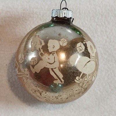 Vintage Glass Shiny Brite Christmas Ornament Champagne Boy Girl Toys Stencil (1)