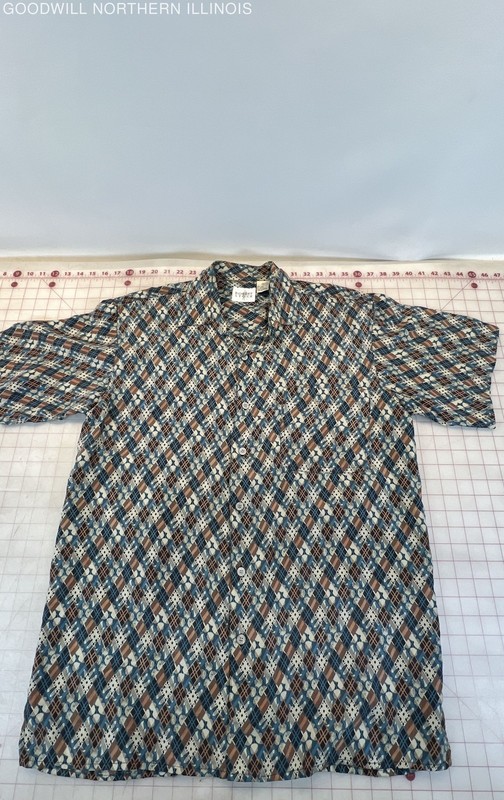 Men's Robert Stock Blue/Brown Diagonal Geometric Silk Camp Collar Shirt Size M